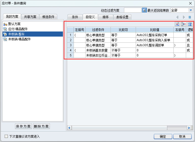 应付未核销自定义条件